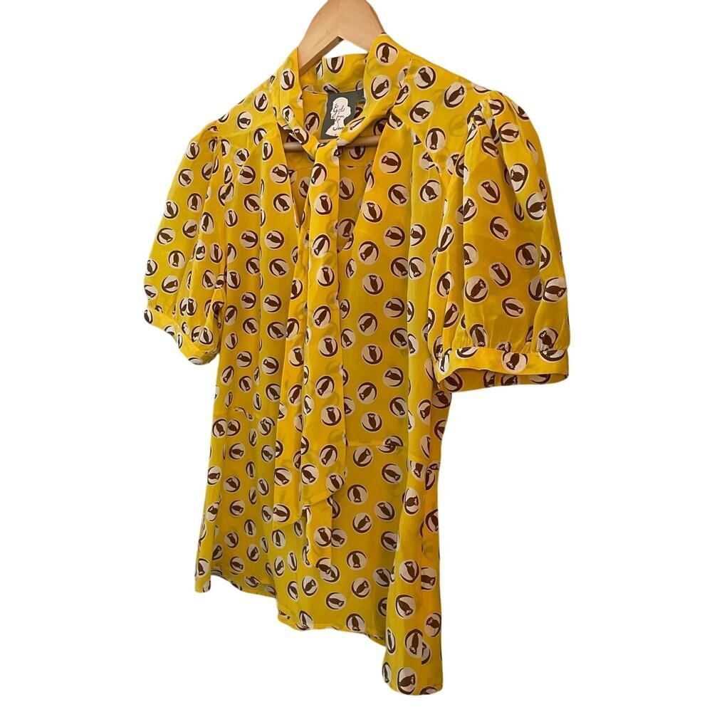 Anthropologie Girls From Savoy Lemon‎ Liftoff Owl Print Silk Blouse Sz 6P - Picture 3 of 8